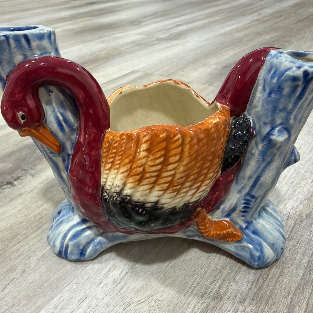 Vintage Ceramic Swan Planter Vase Mid Century Hand Painted Basket Weave